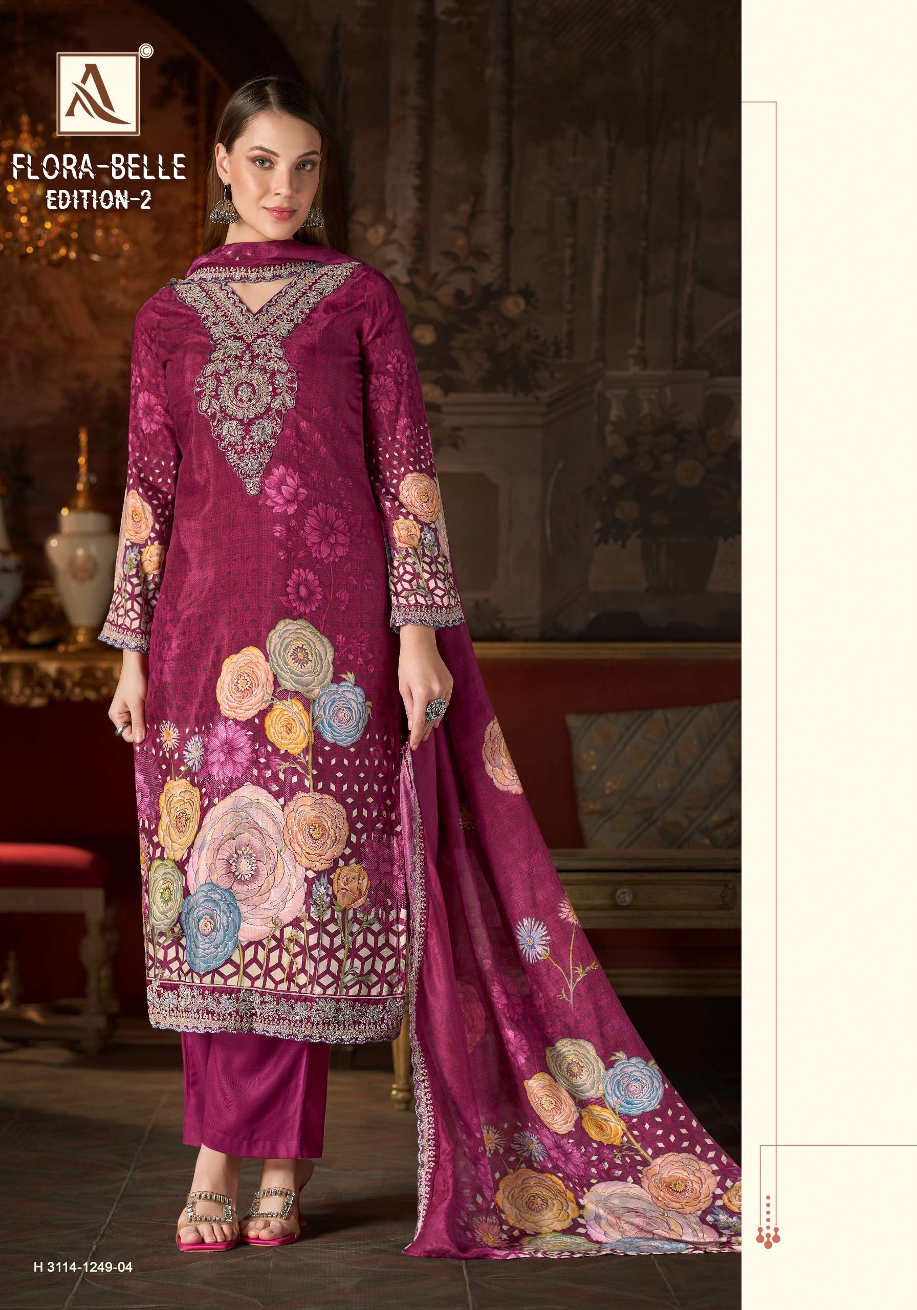 ALOK SUIT FLORA BELLE VOL 2 MASLIN DIGITAL NECK & DAMAN DRESS CATALOGUE SUPPLIER